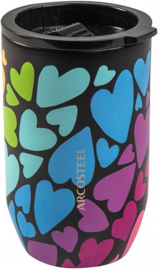 כוס שתייה תרמית עשויה נירוסטה 380 מ''ל לשתייה חמה וקרה מבית Arcosteel - צבע לבבות צבעוני