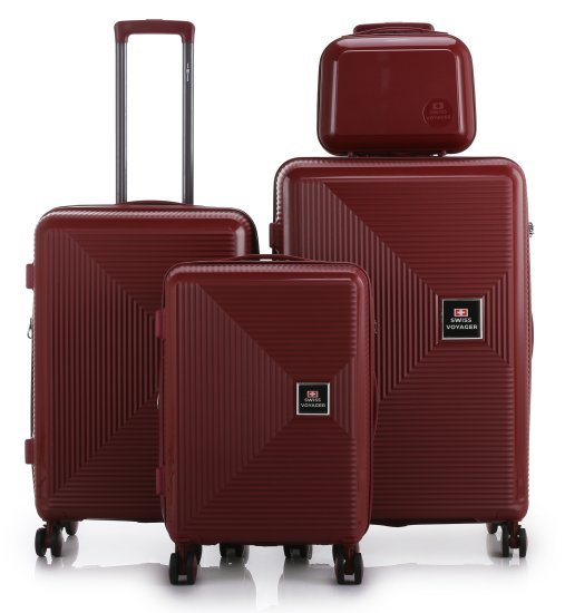 סט מזוודות קשיחות בלתי שבירות 20+26+30 אינץ' + תיק איפור מתנה דגם Neo Boston מבית Swiss Voyager - צבע אדום יין