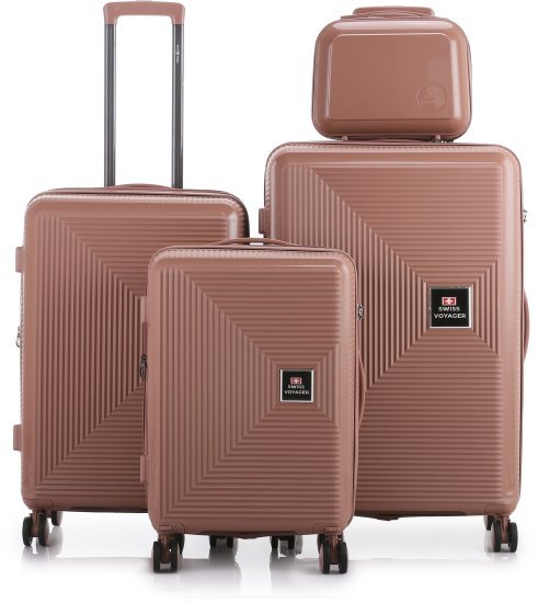 סט מזוודות קשיחות בלתי שבירות 20+26+30 אינץ' + תיק איפור מתנה דגם Neo Boston מבית Swiss Voyager - צבע רוז גולד