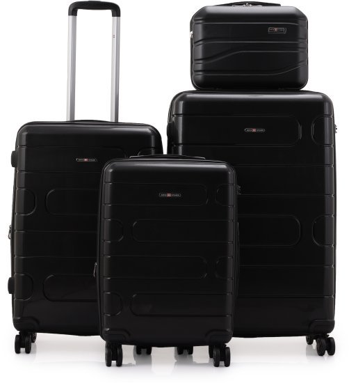 סט מזוודות קשיחות בלתי שבירות 20+26+30 אינץ' + תיק איפור מתנה דגם Wander מבית Swiss Voyager - צבע שחור