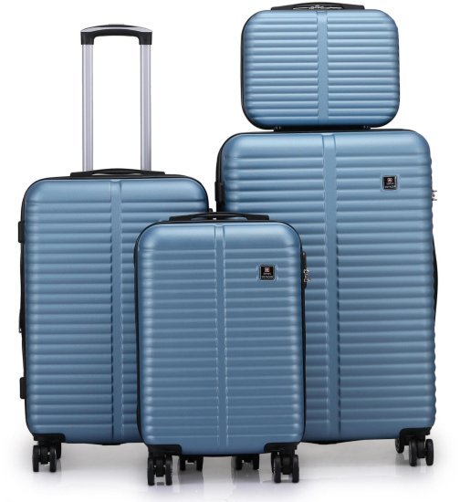 סט מזוודות קשיחות 20+24+28 אינץ' + תיק איפור מתנה דגם London מבית Swiss Voyager - צבע ג'ינס