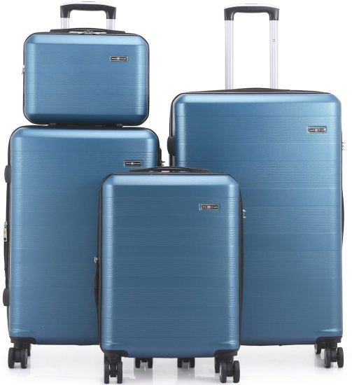 סט מזוודות קשיחות 20+24+28 אינץ' + תיק איפור מתנה דגם Madrid מבית Swiss Voyager - צבע כחול ג'ינס