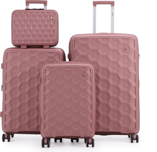 סט מזוודות קשיחות 20+24+28 אינץ' + תיק איפור מתנה דגם Porto מבית Swiss Royal - צבע רוז גולד