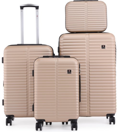 סט מזוודות קשיחות 20+24+28 אינץ' + תיק איפור מתנה דגם London מבית Swiss Voyager - צבע שמפניה