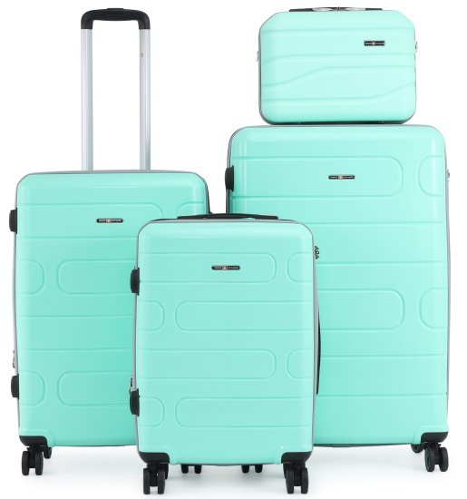 סט מזוודות קשיחות בלתי שבירות 20+26+30 אינץ' + תיק איפור מתנה דגם Wander מבית Swiss Voyager - צבע מנטה