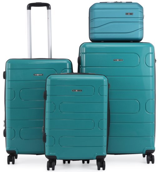 סט מזוודות קשיחות בלתי שבירות 20+26+30 אינץ' + תיק איפור מתנה דגם Wander מבית Swiss Voyager - צבע ירוק בקבוק